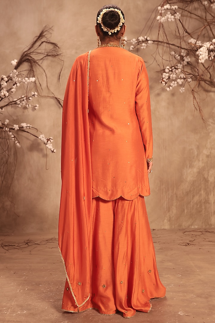 Orange Chiniya Silk Embroidered Wedding Sharara Set by Niti Bothra at Pernia's Pop Up Shop