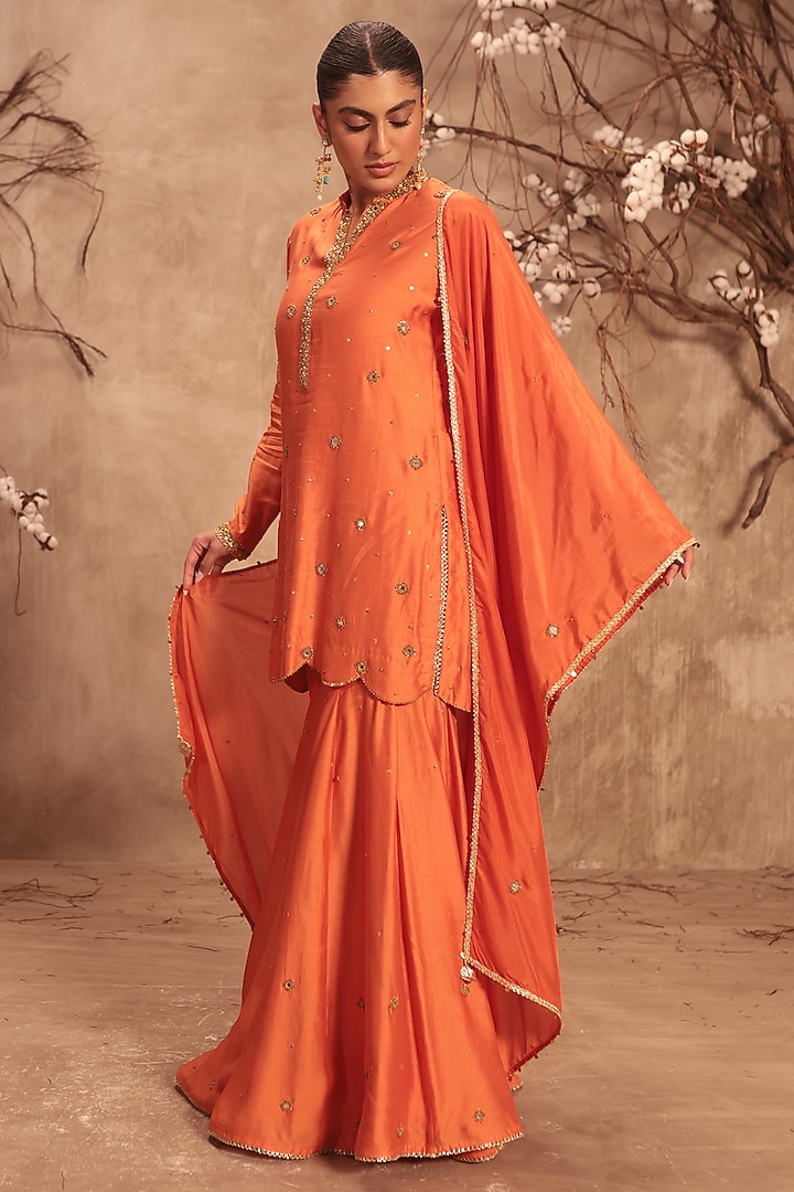 Orange Chiniya Silk Embroidered Wedding Sharara Set by Niti Bothra at Pernia's Pop Up Shop