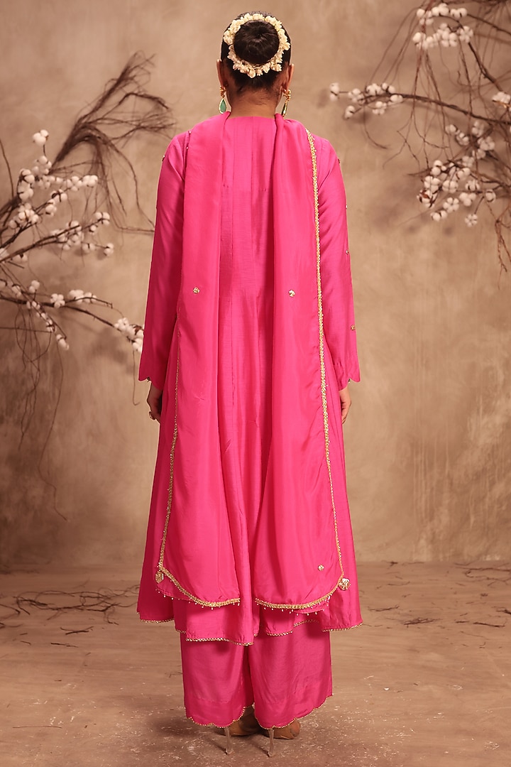 Hot Pink Chiniya Silk Zardosi Embroidered Kalidar Kurta Set by Niti Bothra at Pernia's Pop Up Shop