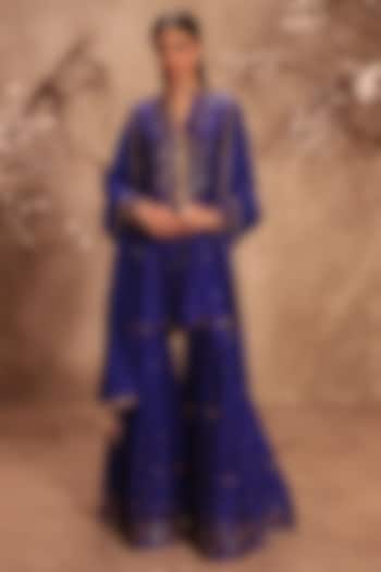 Indigo Chiniya Silk Embroidered Wedding Sharara Set by Niti Bothra at Pernia's Pop Up Shop