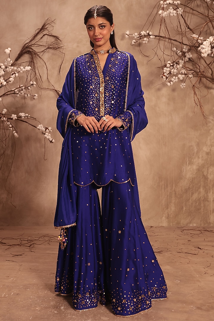 Indigo Chiniya Silk Embroidered Wedding Sharara Set by Niti Bothra at Pernia's Pop Up Shop