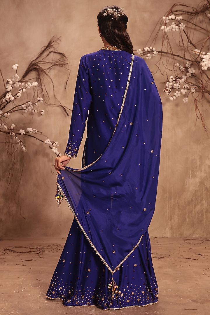 Indigo Chiniya Silk Embroidered Wedding Sharara Set by Niti Bothra at Pernia's Pop Up Shop
