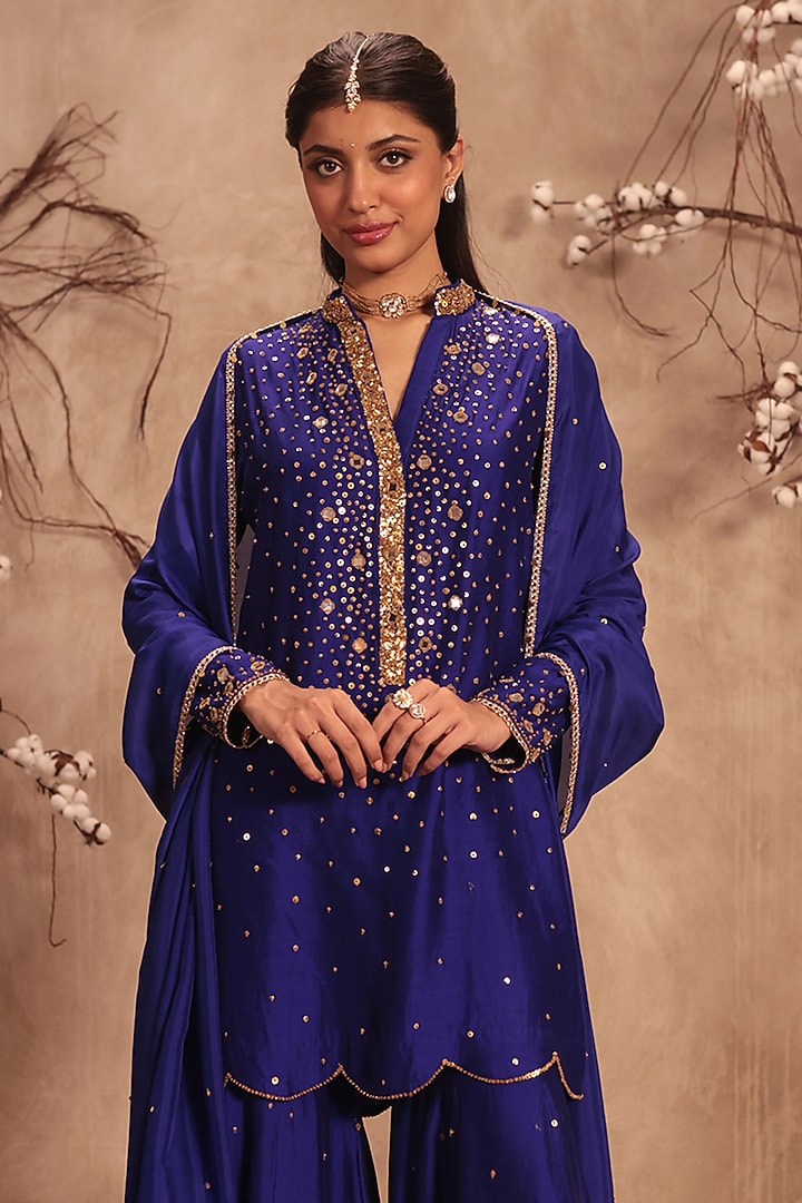 Indigo Chiniya Silk Embroidered Wedding Sharara Set by Niti Bothra at Pernia's Pop Up Shop
