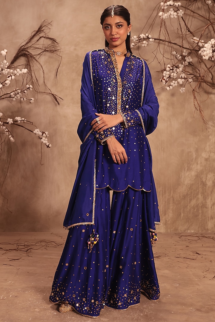 Indigo Chiniya Silk Embroidered Wedding Sharara Set by Niti Bothra at Pernia's Pop Up Shop