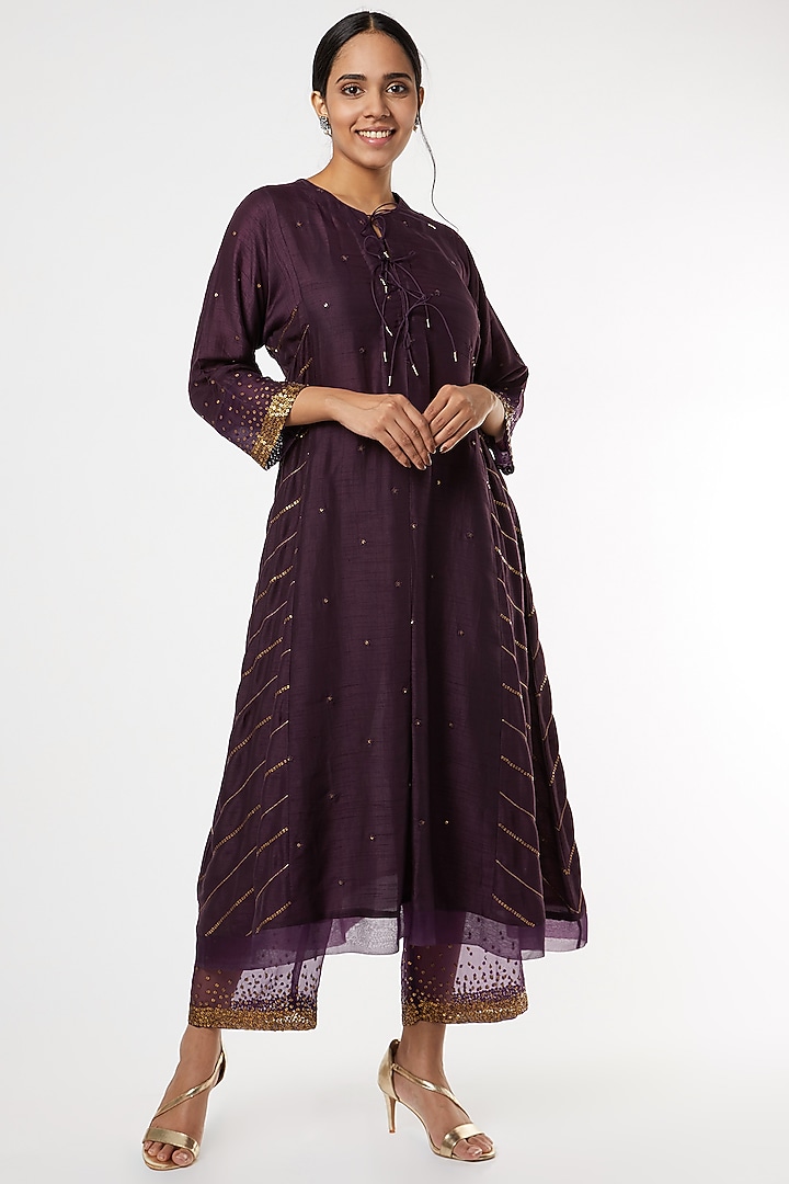 Purple Gold Embellished Kurta Set by Niti Bothra at Pernia's Pop Up Shop