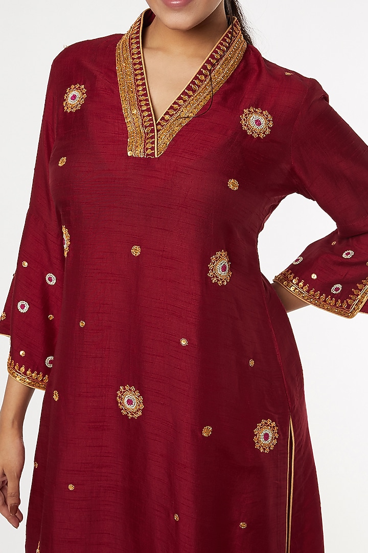 Wine Dupion Kurta Set by Niti Bothra at Pernia's Pop Up Shop