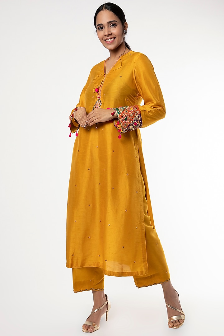 Mustard Embroidered Kurta Set  by Niti Bothra at Pernia's Pop Up Shop