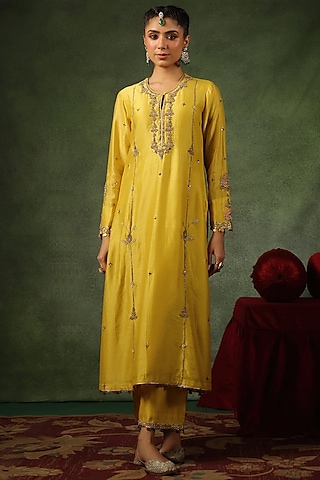 Yellow Chanderi Silk Zardosi Embroidered Kurta Set by Niti Bothra