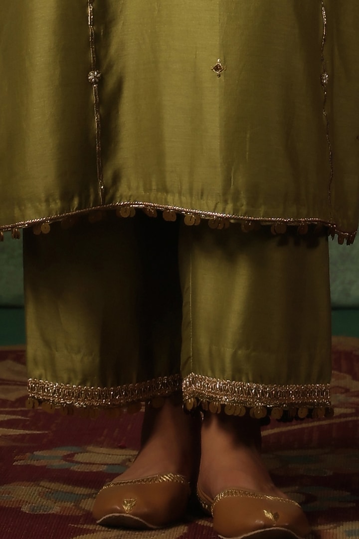 Sage Green Chanderi Silk Zardosi Embroidered Kurta Set by Niti Bothra at Pernia's Pop Up Shop
