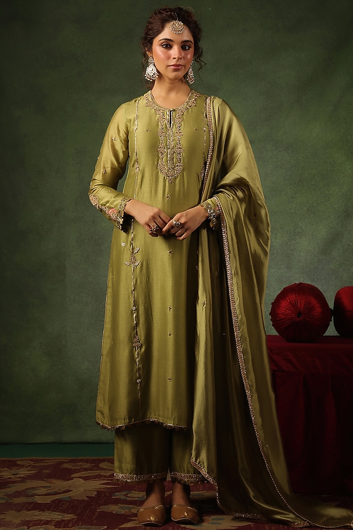 Sage Green Chanderi Silk Zardosi Embroidered Kurta Set by Niti Bothra at Pernia's Pop Up Shop