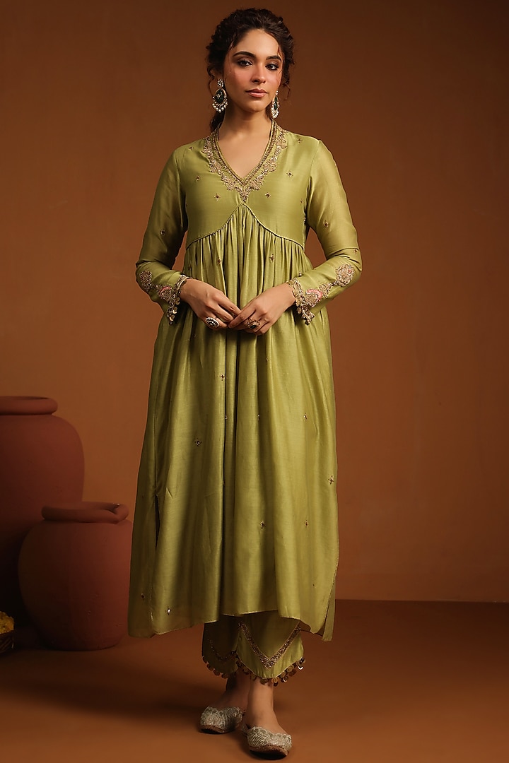 Sage Green Chanderi Silk Zardosi Embroidered Kurta Set by Niti Bothra at Pernia's Pop Up Shop