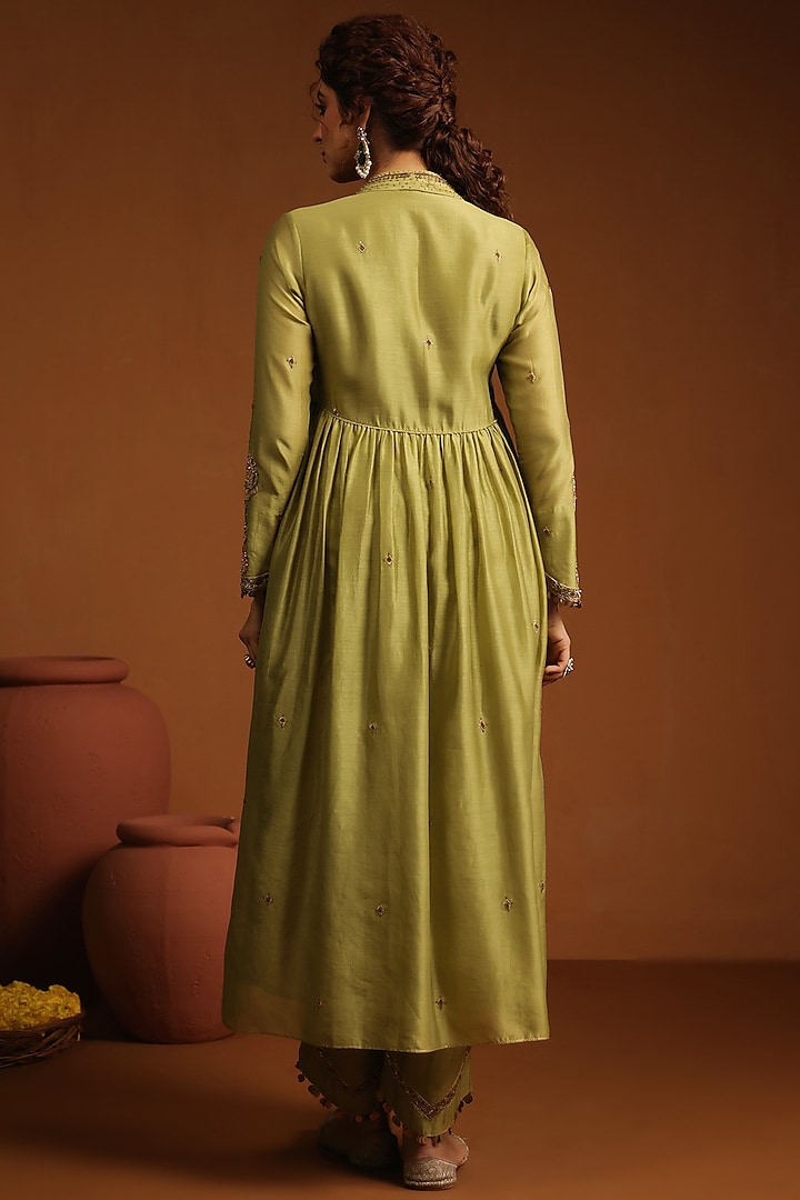 Sage Green Chanderi Silk Zardosi Embroidered Kurta Set by Niti Bothra at Pernia's Pop Up Shop
