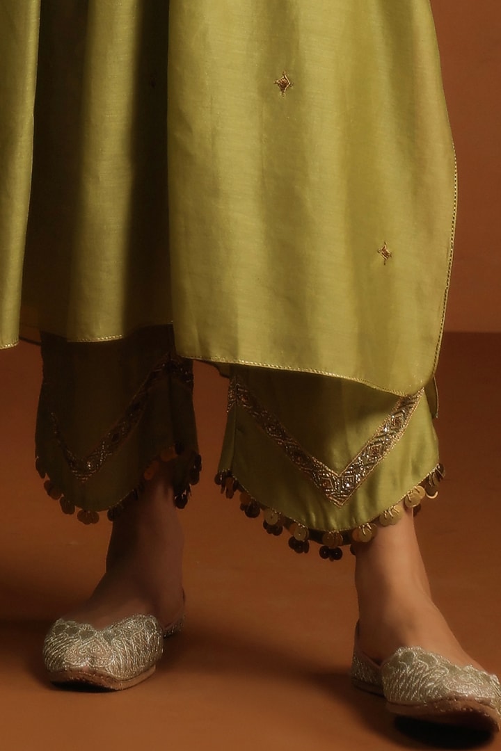 Sage Green Chanderi Silk Zardosi Embroidered Kurta Set by Niti Bothra at Pernia's Pop Up Shop