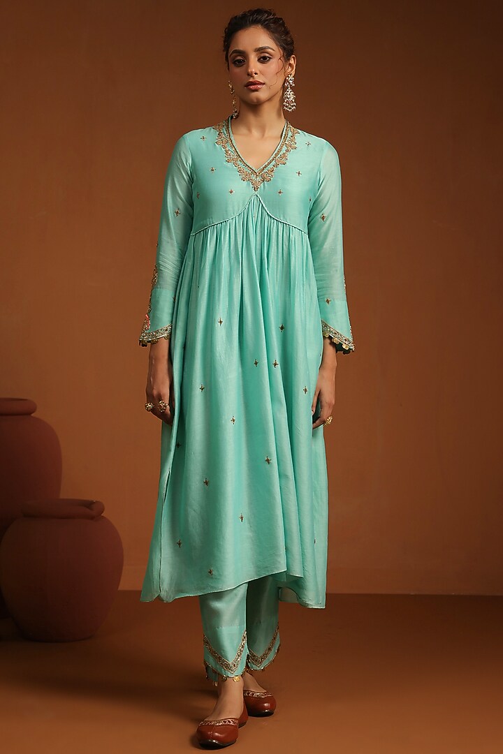 Light Blue Chanderi Silk Zardosi Embroidered Kurta Set by Niti Bothra at Pernia's Pop Up Shop