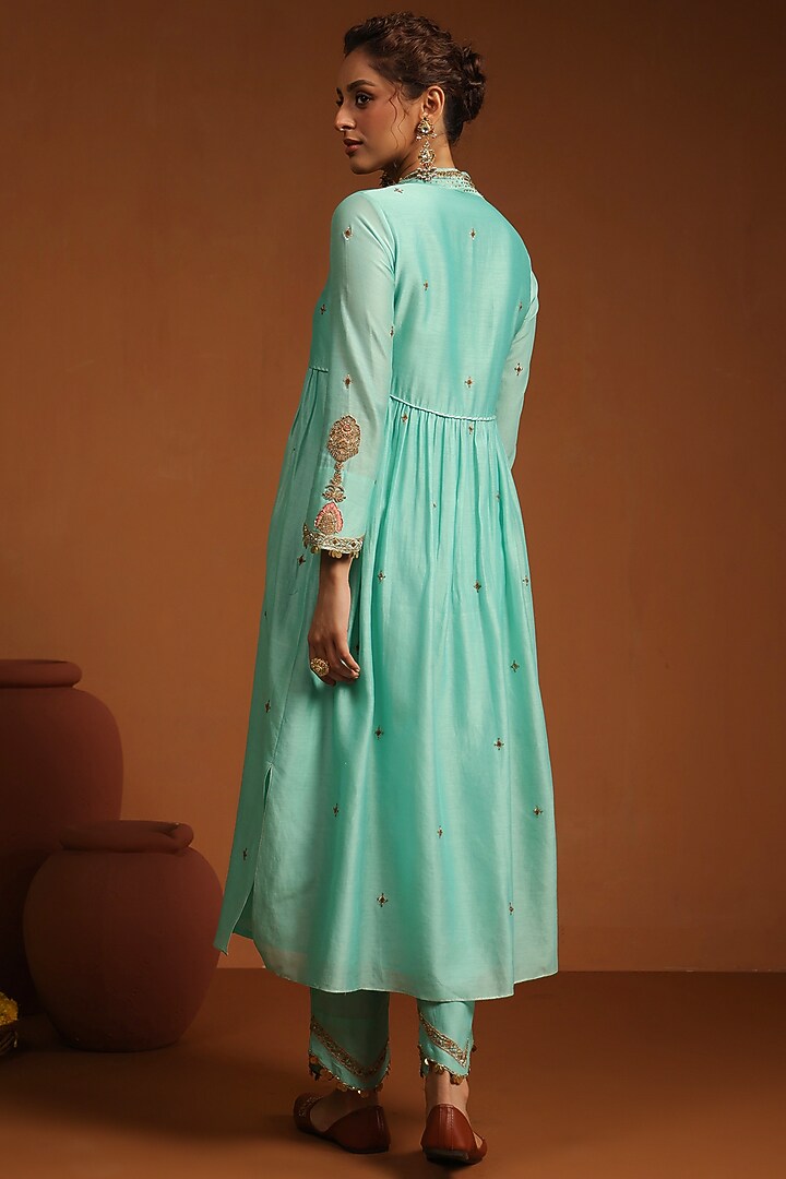 Light Blue Chanderi Silk Zardosi Embroidered Kurta Set by Niti Bothra at Pernia's Pop Up Shop