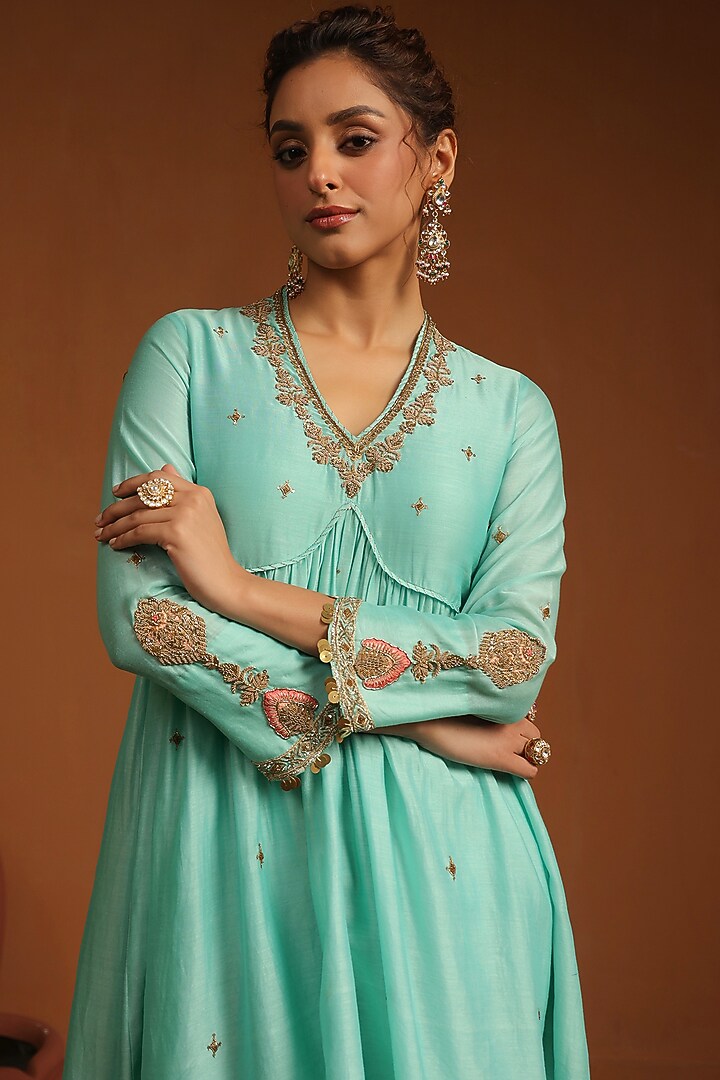 Light Blue Chanderi Silk Zardosi Embroidered Kurta Set by Niti Bothra at Pernia's Pop Up Shop