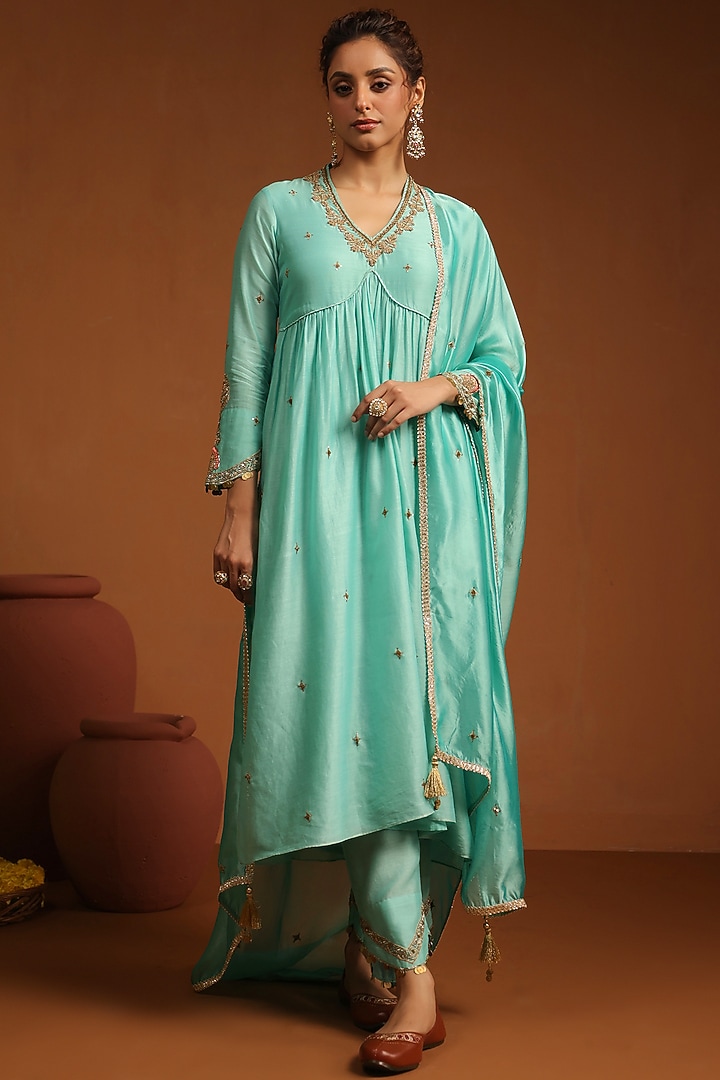 Light Blue Chanderi Silk Zardosi Embroidered Kurta Set by Niti Bothra at Pernia's Pop Up Shop