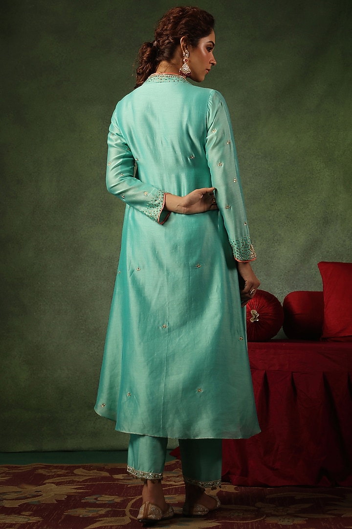 Light Blue Chanderi Silk Zardosi Embroidered Kurta Set by Niti Bothra at Pernia's Pop Up Shop