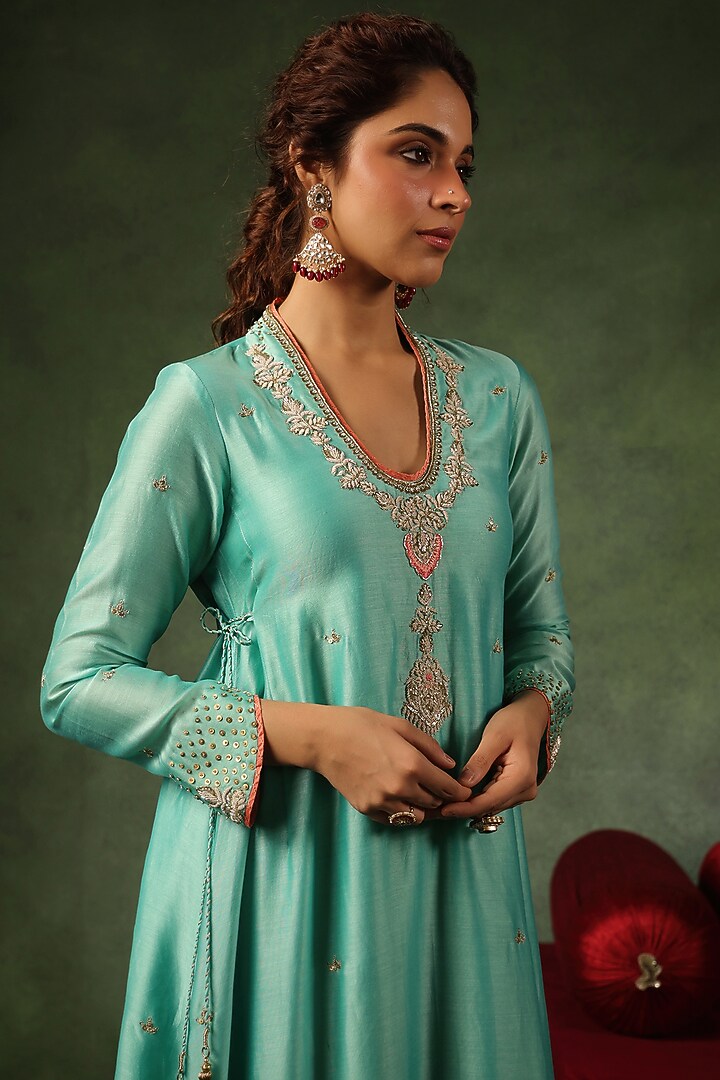 Light Blue Chanderi Silk Zardosi Embroidered Kurta Set by Niti Bothra at Pernia's Pop Up Shop
