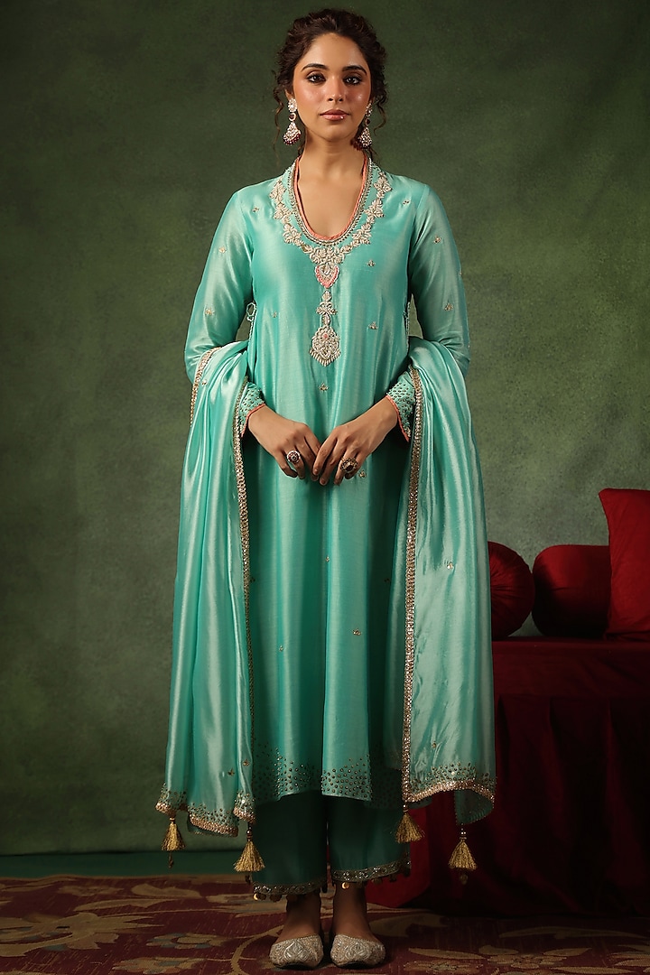 Light Blue Chanderi Silk Zardosi Embroidered Kurta Set by Niti Bothra at Pernia's Pop Up Shop