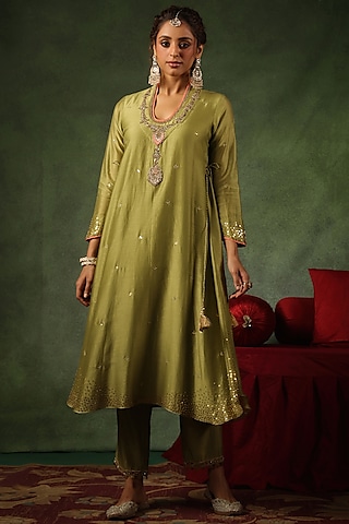 Sage Green Chanderi Silk Zardosi Embroidered Kurta Set by Niti Bothra