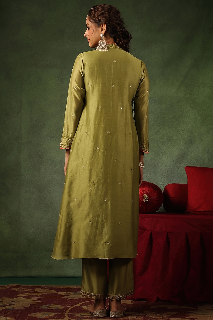 Sage Green Chanderi Silk Zardosi Embroidered Kurta Set by Niti Bothra at Pernia's Pop Up Shop