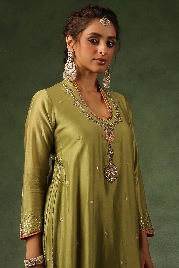 Sage Green Chanderi Silk Zardosi Embroidered Kurta Set by Niti Bothra at Pernia's Pop Up Shop