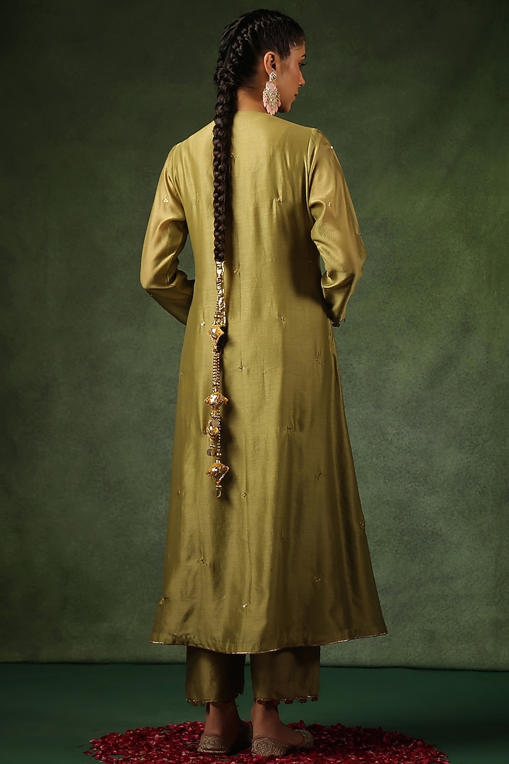 Sage Green Chanderi Silk Zardosi Embroidered Kurta Set by Niti Bothra at Pernia's Pop Up Shop