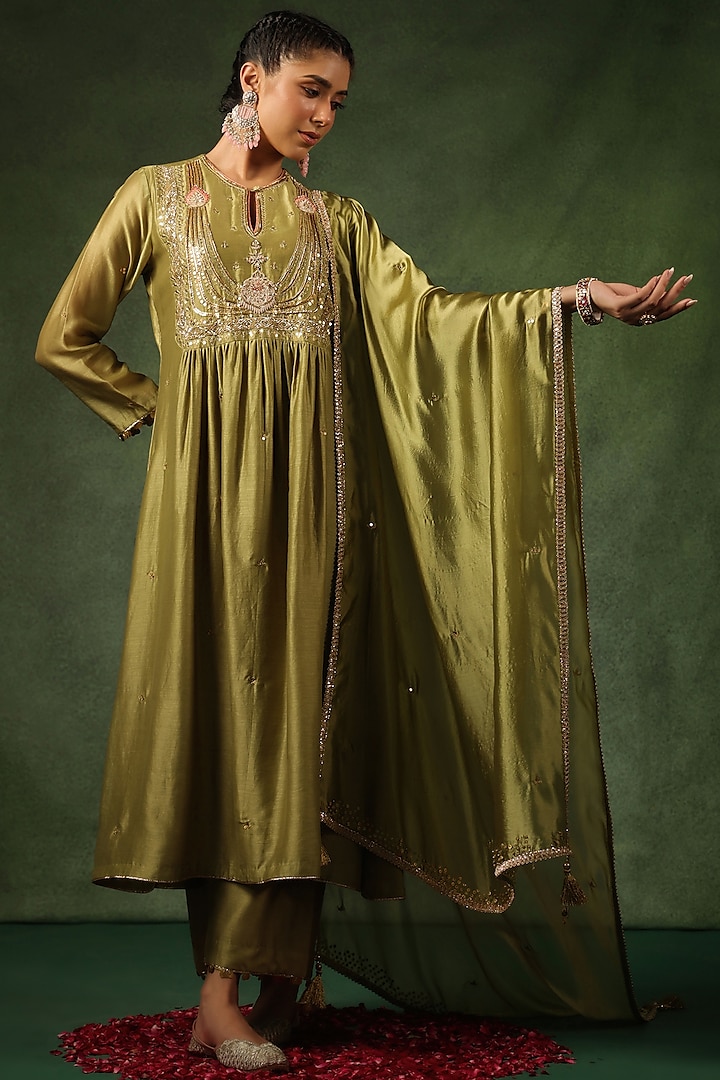 Sage Green Chanderi Silk Zardosi Embroidered Kurta Set by Niti Bothra at Pernia's Pop Up Shop