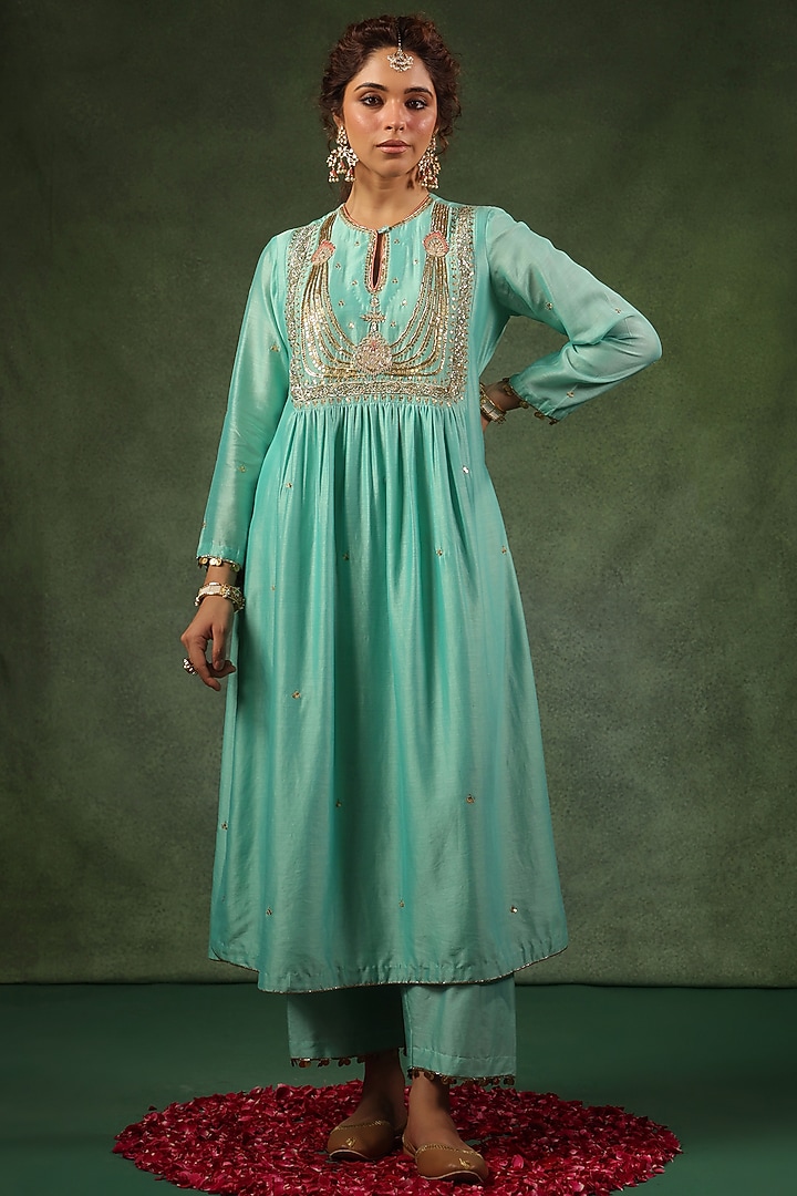 Light Blue Chanderi Silk Zardosi Embroidered Kurta Set by Niti Bothra at Pernia's Pop Up Shop