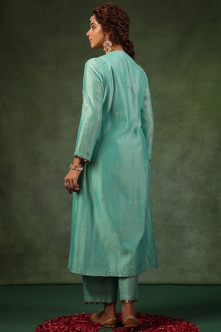 Light Blue Chanderi Silk Zardosi Embroidered Kurta Set by Niti Bothra at Pernia's Pop Up Shop