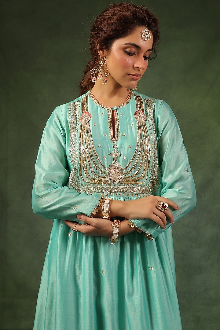 Light Blue Chanderi Silk Zardosi Embroidered Kurta Set by Niti Bothra at Pernia's Pop Up Shop