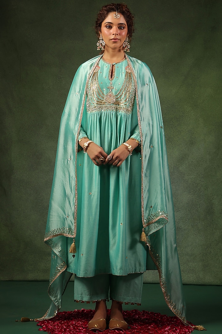 Light Blue Chanderi Silk Zardosi Embroidered Kurta Set by Niti Bothra at Pernia's Pop Up Shop