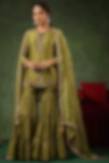 Sage Green Chanderi Silk Layered Sharara Set by Niti Bothra at Pernia's Pop Up Shop