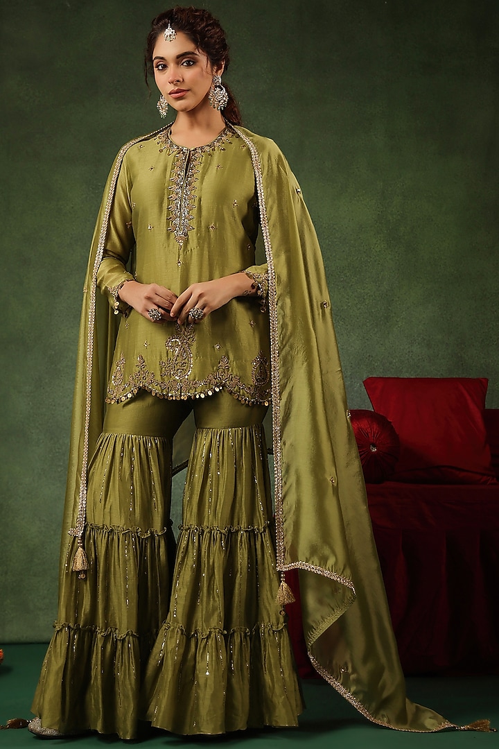 Sage Green Chanderi Silk Layered Sharara Set by Niti Bothra at Pernia's Pop Up Shop