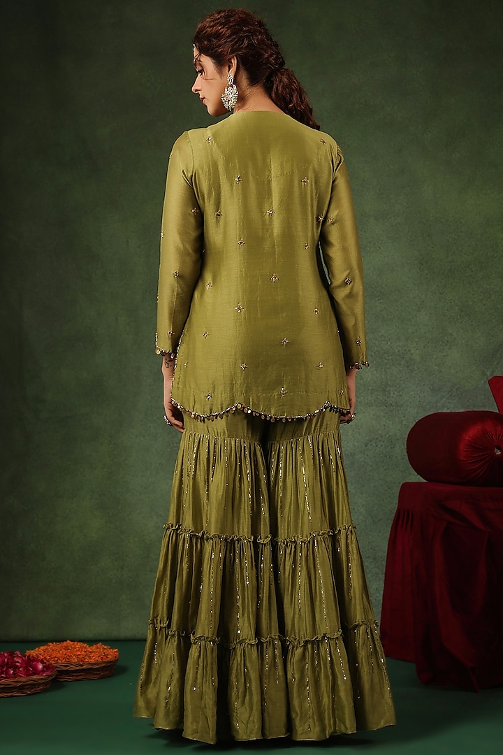 Sage Green Chanderi Silk Layered Wedding Sharara Set by Niti Bothra at Pernia's Pop Up Shop