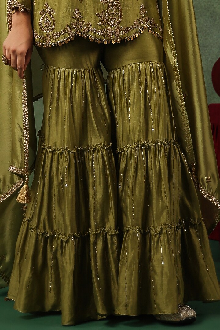 Sage Green Chanderi Silk Layered Wedding Sharara Set by Niti Bothra at Pernia's Pop Up Shop