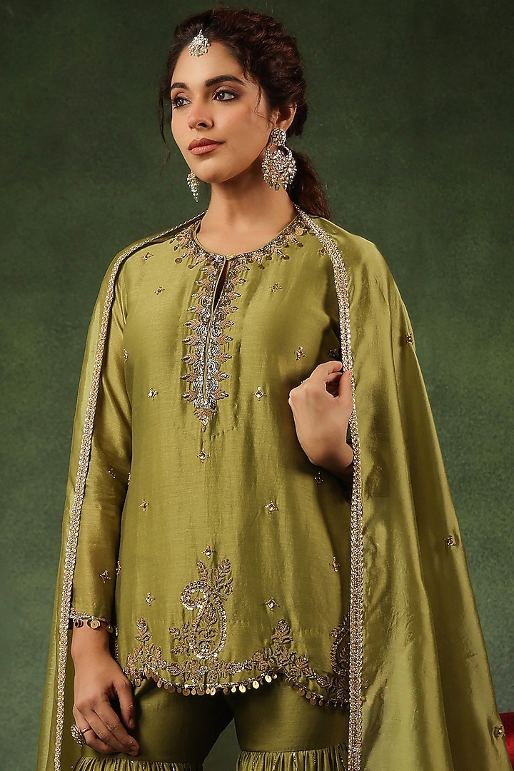 Sage Green Chanderi Silk Layered Wedding Sharara Set by Niti Bothra at Pernia's Pop Up Shop