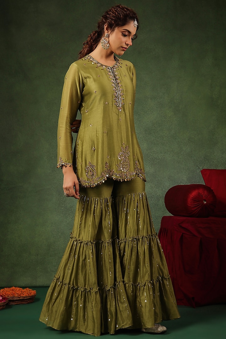 Sage Green Chanderi Silk Layered Wedding Sharara Set by Niti Bothra at Pernia's Pop Up Shop