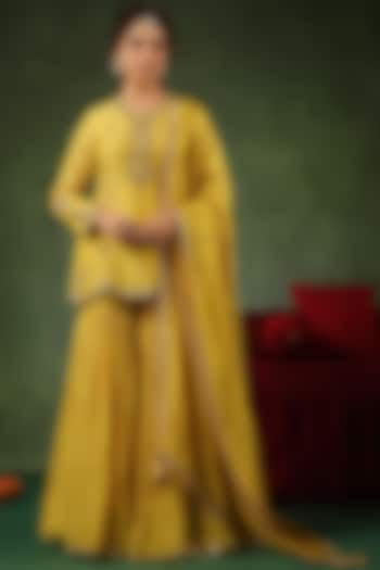 Yellow Chanderi Silk Layered Sharara Set by Niti Bothra at Pernia's Pop Up Shop