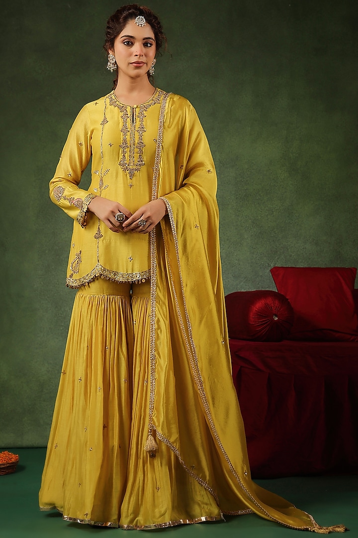 Yellow Chanderi Silk Layered Sharara Set by Niti Bothra at Pernia's Pop Up Shop