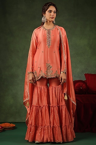 Peach Chanderi Silk Layered Sharara Set by Niti Bothra