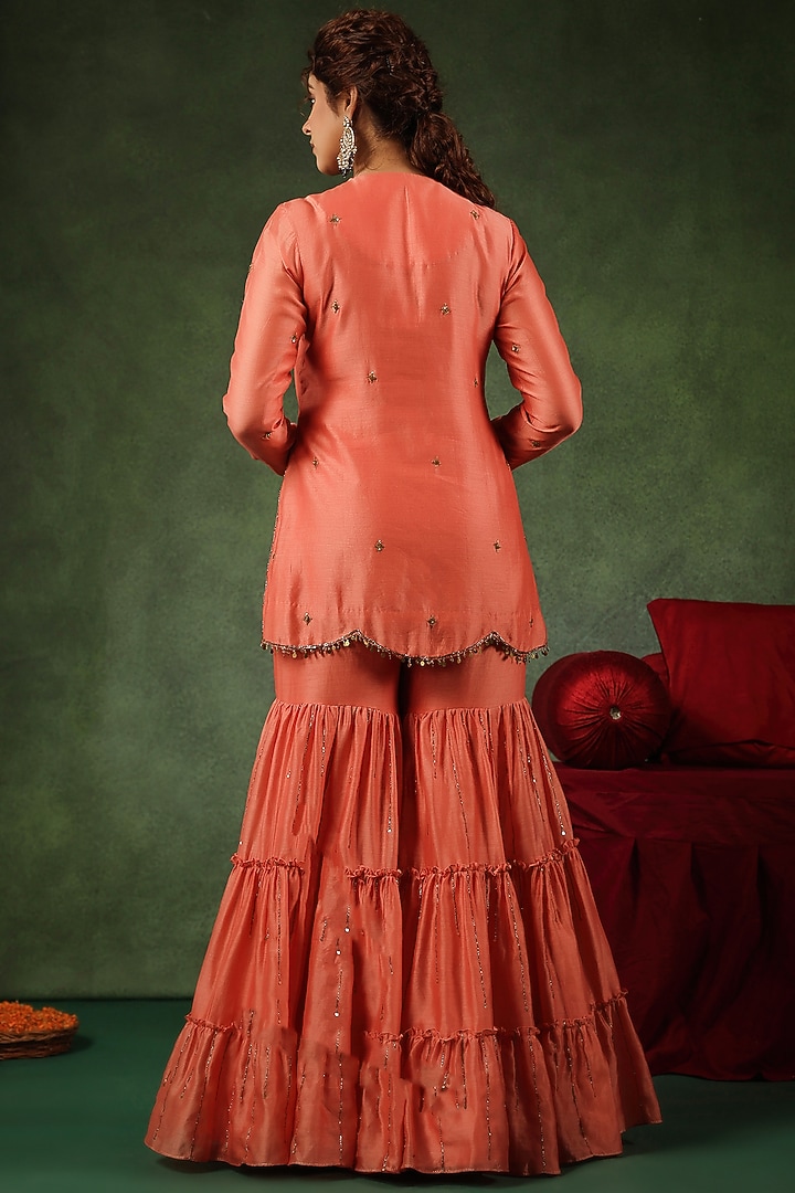 Peach Chanderi Silk Layered Wedding Sharara Set by Niti Bothra at Pernia's Pop Up Shop