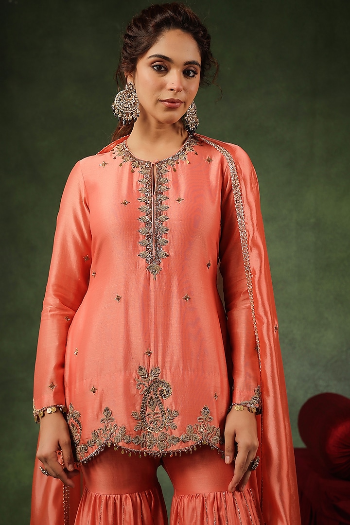 Peach Chanderi Silk Layered Wedding Sharara Set by Niti Bothra at Pernia's Pop Up Shop