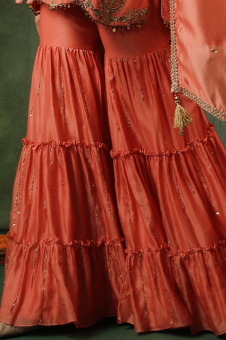 Peach Chanderi Silk Layered Wedding Sharara Set by Niti Bothra at Pernia's Pop Up Shop