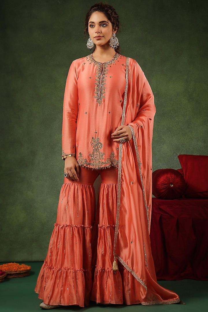 Peach Chanderi Silk Layered Wedding Sharara Set by Niti Bothra at Pernia's Pop Up Shop
