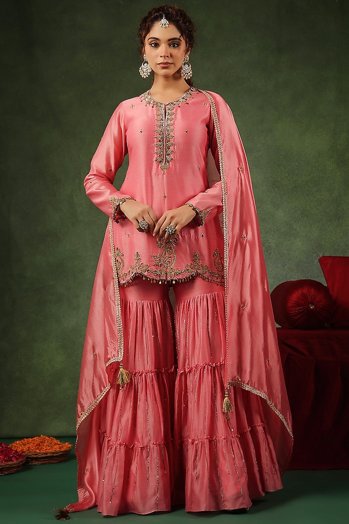 Pink Chanderi Silk Layered Sharara Set by Niti Bothra at Pernia's Pop Up Shop