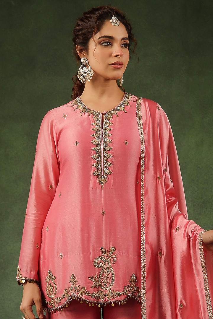 Pink Chanderi Silk Layered Wedding Sharara Set by Niti Bothra at Pernia's Pop Up Shop