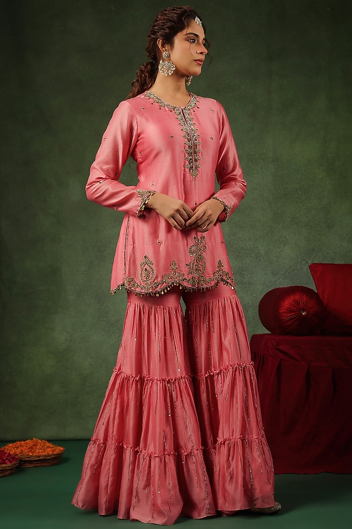 Pink Chanderi Silk Layered Wedding Sharara Set by Niti Bothra at Pernia's Pop Up Shop