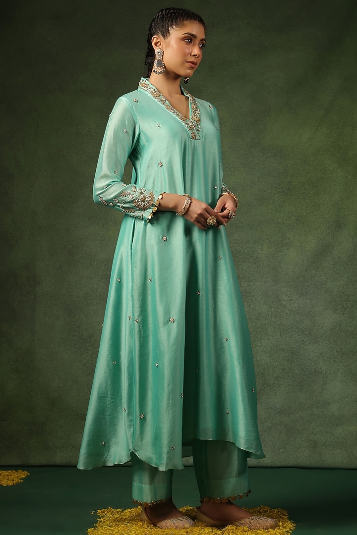 Light Blue Chanderi Silk Zardosi Embroidered Kurta Set by Niti Bothra at Pernia's Pop Up Shop